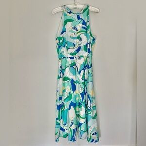 Tahari Halter Tie Flounce Midi Dress Green Blue Sz 12